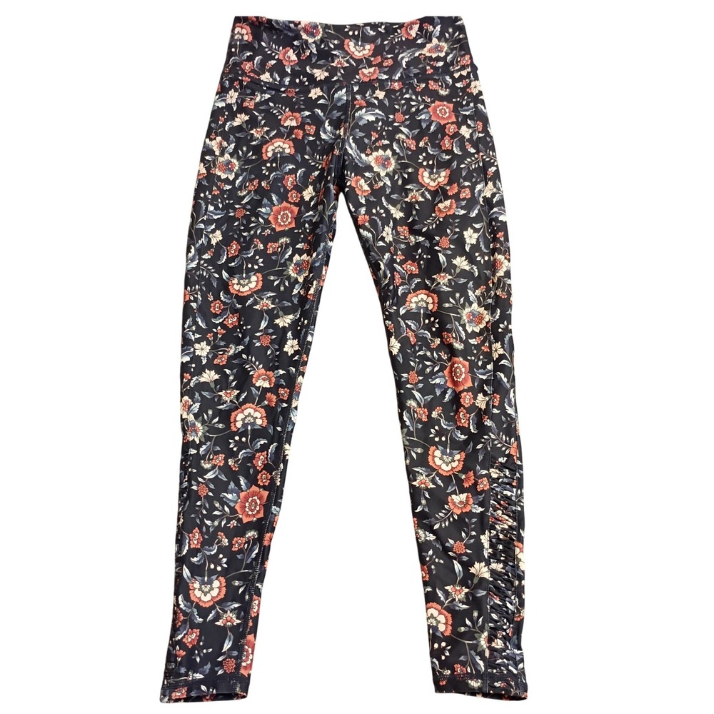 SoulCycle Floral Ruched Leggings Womens Small Navy Orange High Rise Athleisure